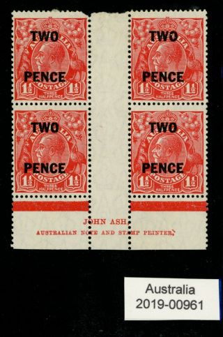 Australia Kgv " Two Pence " Overprinted Gutter Block Of 4 Stamps (961)