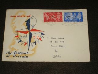 1951 Gb Stamps Festival Of Britain Souvenir Cover Dated/slogan Cancels To Usa