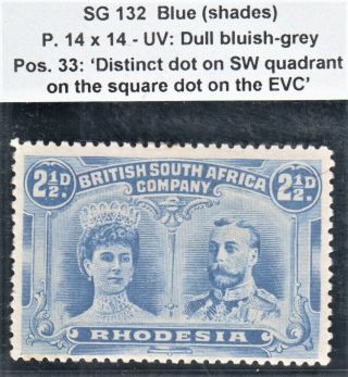 Rhodesia 1910 Sg132 2.  1/2p Blue P14x14