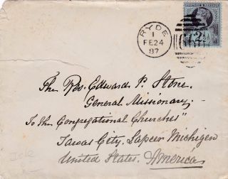 1887 Gb Qv Isle Of Wight 2 I/2d Rate Cover To A Missionary In The Usa 57