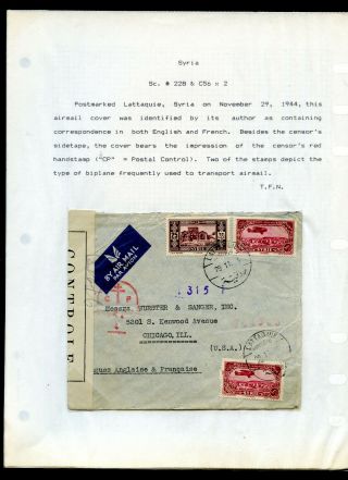 1944 Syria (sc 228 C56) Censored Airmail Cover With Red Handstamp Co685