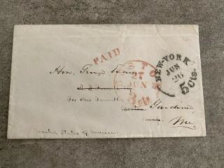 1800’s Stampless Cover Boston 3 Cents /new York 5 Cents Paid