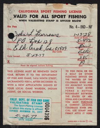 California " No Fee " Sport Fishing License For Indians W/ 1977 Validating Stamp