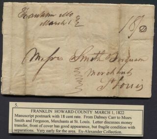 1822 Stampless Letter Franklin Mo To St Louis " 18 " C Rate Ex Alexander