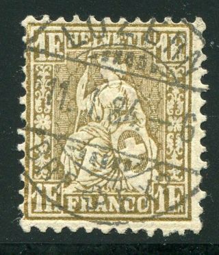 Switzerland 1881 - Seated Helvetia,  Threaded Paper,  1f.  Gold,  Cancelled,