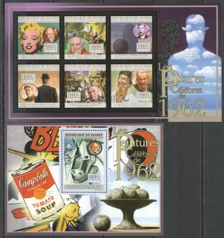 Bc146 2012 Guinea Art Famous Paintings 1962 Picasso Magritte Warhol 1kb,  1bl Mnh