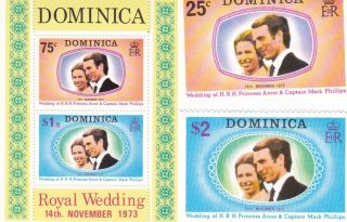 Dominica 1973 Royal Wedding Miniature Sheet & Set Of Commemorative Stamps Mnh