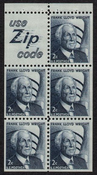 Usa,  Scott 1280a,  Slogan 5 Booklet Pane Of Frank Lloyd Wright Mnh