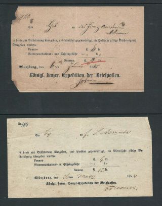 German States Bayern 1854 & 65 Post Schein X 2,  Würzburg