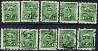 Canada O249 (1) Perfin 1 Cent Green George Vi Official O.  H.  M.  S.  10