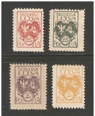 Central Lithuania 1920 - 21,  Coat Of Arms,  Scott 1,  2,  5,  6,  Vf Mlh
