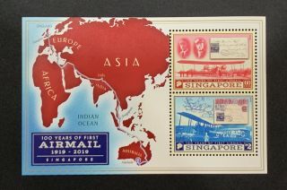 2019 Singapore 100 Years Of First Airmail Souvenir Sheet Of 2 Stamps