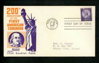 Us Fdc 1035as Cachet Craft / Boll M - 12 1954 Dc Statue Liberty Booklet Pane Bp