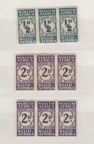 South Africa 1943/44 1/2d 2d Postage Due Strips £3 X 3 Mnh/mlh J5195