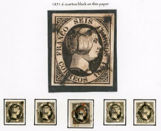 Spain 1851 6 Cuartos Black On Thin Paper (5 Examples)