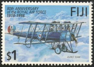 Raf Avro 504 - K 504k Wwi Biplane Airplane Aircraft Stamp (1998 Fiji)