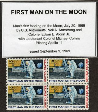 First Man On The Moon 1969 Apollo 11 Block Of 4 Us Postage Stamp
