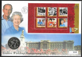 1997 Guernsey Royal Golden Wedding £2 Coin On Miniature Sheet First Day Cover.