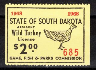 Us,  1968 South Dakota Wild Turkey Licence Revenue Stamp