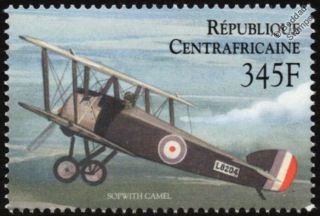 Wwi Raf/rfc Sopwith Camel Fighter Aircraft Stamp (2000 Central African Republic)