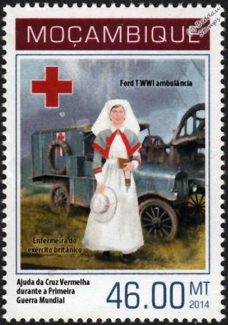 Wwi Ford Model T Ambulance Car Vehicle & British Red Cross Nurse Stamp (2014)