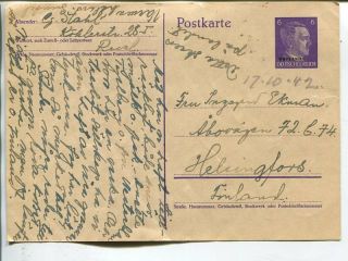 Germany Mail In Ostland,  Postal Card From Tallinn To Finland No Postmatks 1942