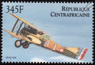 Wwi Eddie Rickenbacker Spad S.  Xiii Aircraft Stamp (2000 Central African Rep. )
