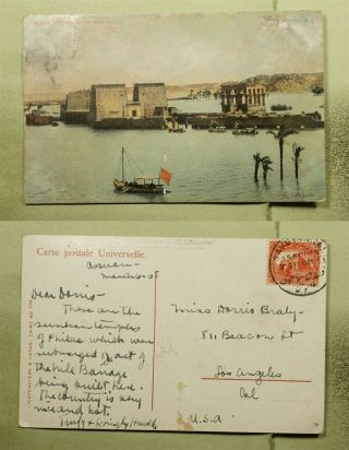 Dr Who 1908 Egypt Savoy Hotel Assouan Island Of Phylae Postcard To Usa E55893