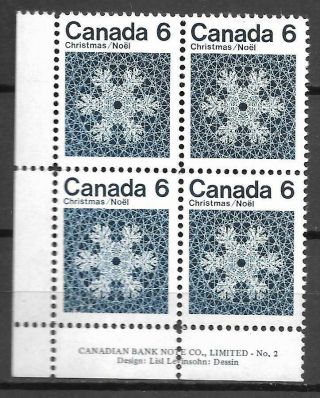 Canada 554 Plate Block 6c Christmas Snowflakes Mnh