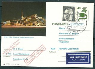 Germany 1975 Uprated Aviation Postcard 50 Years Of Stuttgart Airport - Cag 020719