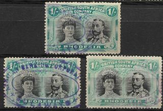 Rhodesia 1910 Double Heads 1/ - Grey - Black & Deep Blue - Green Fine X 3 Sg - 151