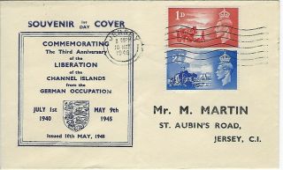 Gb 1948 Liberation Of The Channel Islands Fdc Jersey Hand Stamp