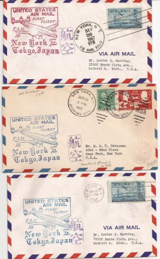 U.  S.  - 3 Good First Flight Covers (fam18) U.  S.  To Tokyo,  Japan - All Sept.  26,  1947