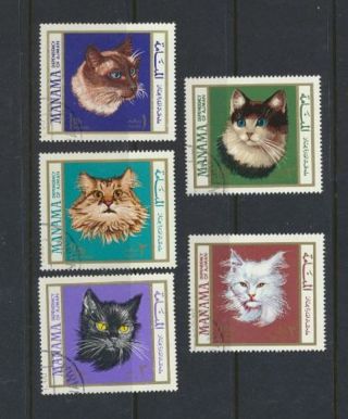 Cats Set Of 5 Colorful Lightly Cancelled Manama Postage Stamps