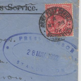 BOER WAR 1902 CENSOR cover STANDERTON - BRAUNTON ENGLAND with ARMY POST OFFICE 2