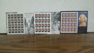 3 Legends Of Hollywood Stamp Sheets.  Lucille Ball Marilyn Monroe James Dean