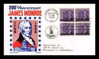 Dr Jim Stamps Us James Monroe 200th Anniversary Ken Boll Fdc Cover Block