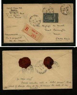 France Registered Margin Stamp Cover From Dr Carroll Chase Sr0526