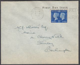 1940 Stamp Centenary Display 2 1/2d Blue Fdc; Southampton Dig For Victory Slogan