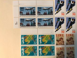 Stamps.  4 32 Cent Blocks.  Fv $5.  12