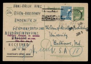 Dr Who 1948 Germany Essen To Usa Postal Card Uprated Stationery C129206