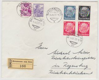 Germany Dr Austria 1938 (4.  4. ) Reg.  Cover Braunau (inn) Mixed Franking (first Day)