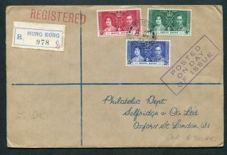 1937 Hong Kong Kgvi Coronation Set Stamps On Reg.  Fdc First Day Cover To Gb Uk