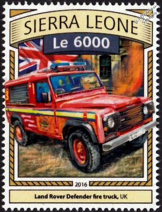 Land Rover Defender Fire Truck Vehicle Car Stamp (2016 Sierra Leone)