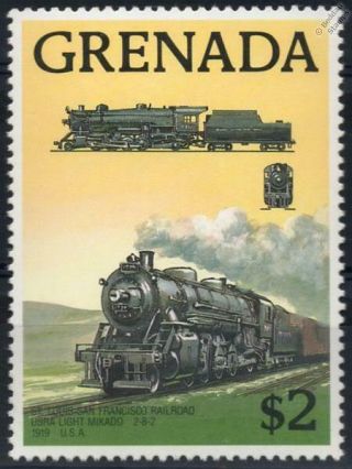 1919 St Louis San Francisco Usra Light Mikado 2 - 8 - 2 Train Stamp (1989 Grenada)