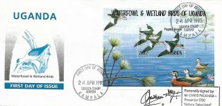 1995 Uganda Birds Miniature Sheet On Fdc Signed Packham