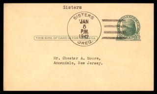 Sisters Oregon Jan 5 1942 Us 1c Jefferson Issue Card To Annandale Nj