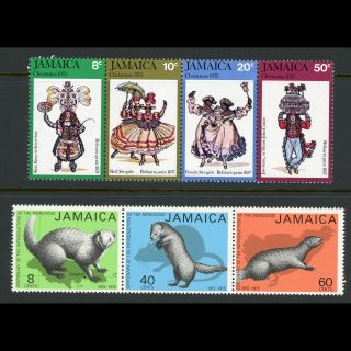 Jamaica 1973 - 75 Mongoose & Christmas Sets.  Sg 365 - 367,  406 - 409.  Mnh.  (ca47a)