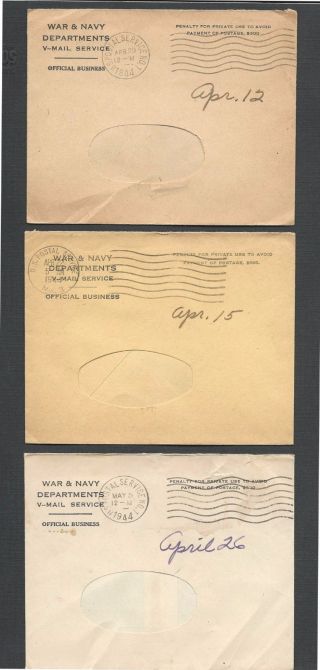 1944 Cover Ww2 (3) War & Navy V Mail Official Envelopes W/different See Info