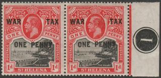 St Helena 1916 Kgv War Tax 1d,  1d Surcharge Plate 1 Pair Sg87